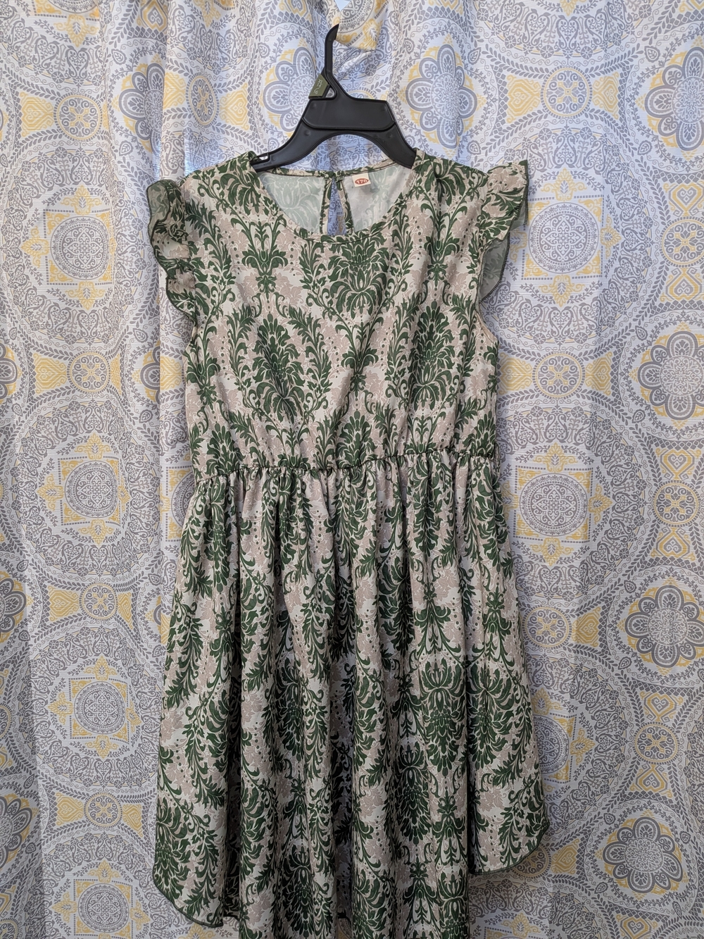 Green Damask Print Girls' Dress
